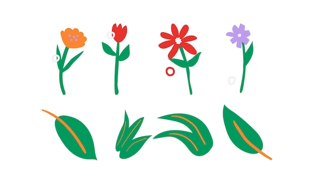 Set of cute hand drawn flowers Vector illustration in cartoon style