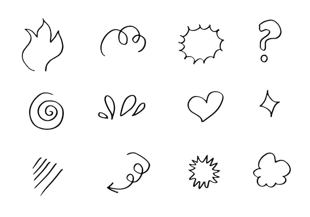 Set of cute hand drawn line scribble expression signsemoticon effects design elements cartoon character emotion symbolsvector illustration