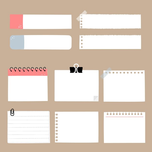 Vector set of cute hand drawn paper sticky note pad with tape