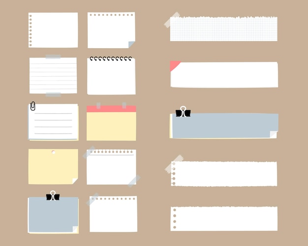 Vector set of cute hand drawn ripped paper sheet sticky note pad with tape