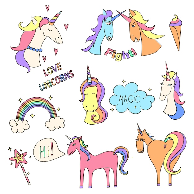 Set of cute hand drawn stickers Love unicorns Magic wand rainbow ice cream Fighting unicorns