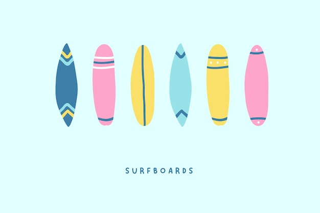 Vector set of cute hand drawn surfboards icons. vector illustration in flat cartoon style