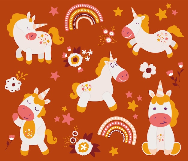 Set of cute hand drawn unicorns Fairy tale characters Vector illustration