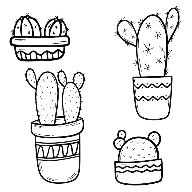 Set of Cute hand drawn vector cactuses in the pots Simplere vector hand drawn illustration Home plants