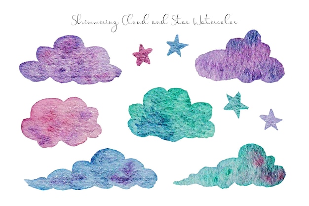 a set of cute hand painted glittery cloud and star watercolor