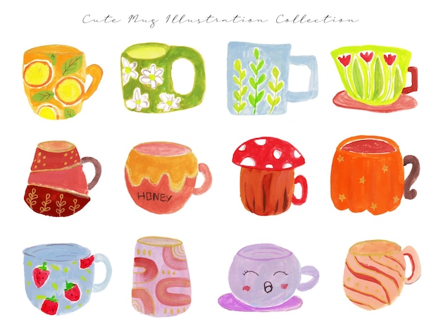 a set of cute hand painted mug gouache watercolor