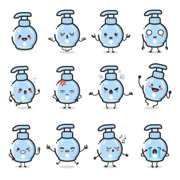 Vector set of cute hand sanitizer character in different action emotion