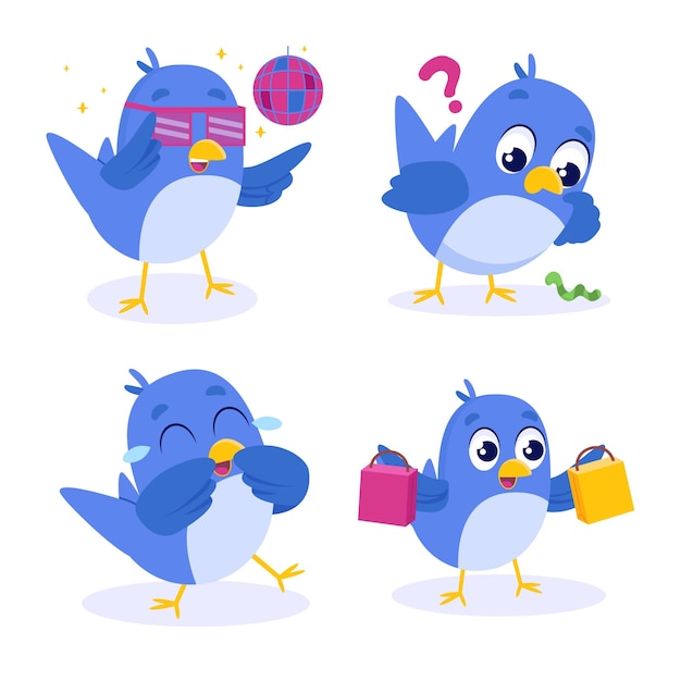 Vector set of cute handdrawn blue birds dancing at discotheque looking at worm laughing tears shopping