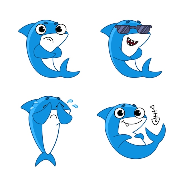 set of cute handdrawn cartoon sharks frowning wearing sunglasses crying feeling satisfied