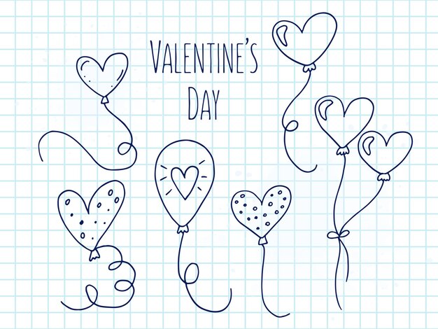 Vector set of cute handdrawn doodle elements about love message stickers for apps icons for valentines day romantic events and wedding a checkered notebook balloons in the shape of hearts are flying