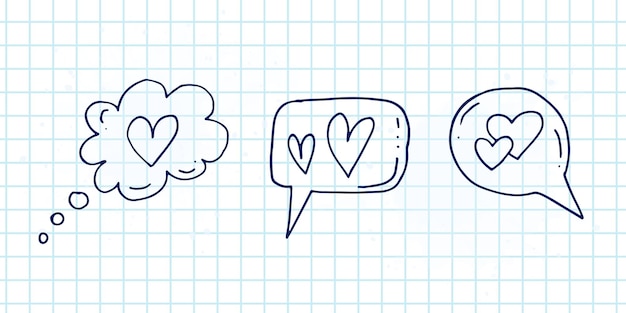 Set di simpatici elementi doodle disegnati a mano sull'amore adesivi messaggio per app icone per san valentino eventi romantici e matrimoni un quaderno a scacchi bolle di dialogo con cuori
