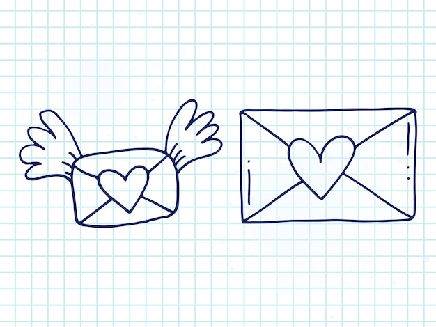 Set of cute handdrawn doodle elements about love Message stickers for apps Icons for Valentines Day romantic events and wedding A checkered notebook Envelopes with love letters and wings