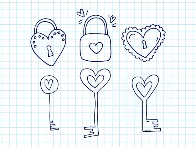 Set di simpatici elementi doodle disegnati a mano sull'amore adesivi per messaggi per app icone per san valentino eventi romantici e matrimoni un taccuino a scacchi serrature e chiavi a forma di cuore