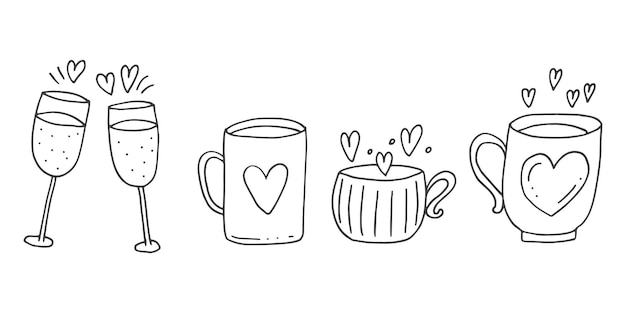 Vector set of cute handdrawn doodle elements about love message stickers for apps icons for valentines day romantic events and wedding cups with a love drink and hearts and champagne