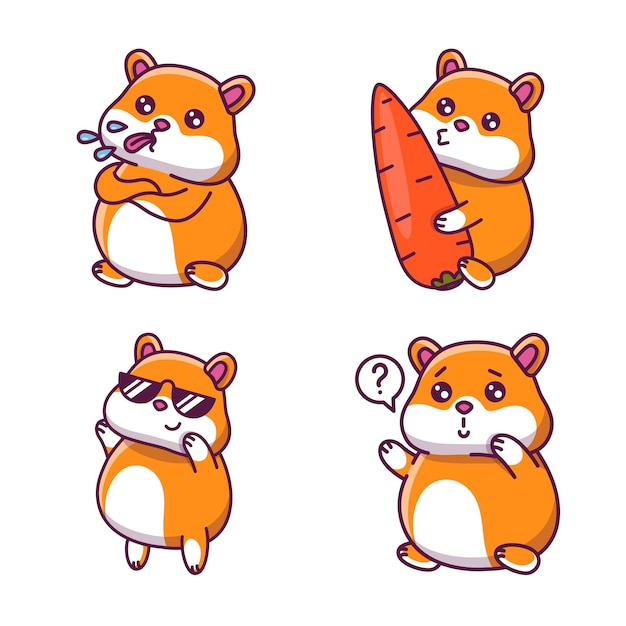 Set of cute handdrawn hamsters sticking tongue kissing carrot wearing sunglasses asking questions