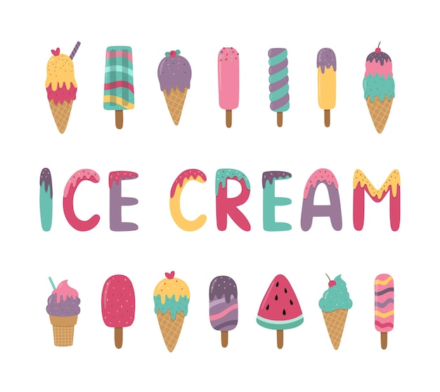 A set of cute handdrawn ice creams Vector summer illustration