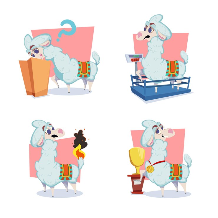 Vector set of cute handdrawn lamas looking into box measuring weight looking at burning tail standing at golden cup