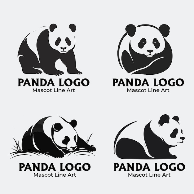 Vector set of cute handdrawn pandas waving paw lying on bamboo tree sleeping and resting