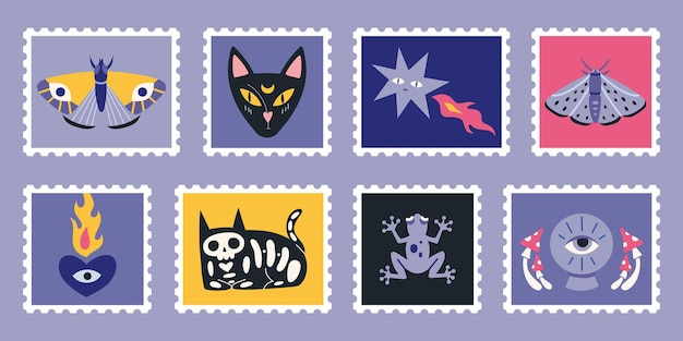 Vector set of cute handdrawn post stamps with witchcraft occult things like crystal ball frog cat moth trendy modern vector illustartions in cartoon flat design mail and post office conceptual drawing