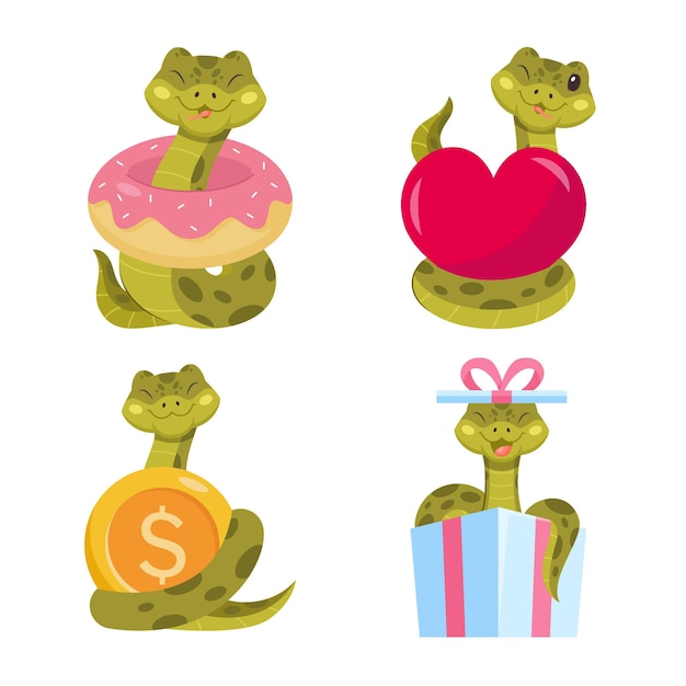 Vector set of cute handdrawn snakes wearing lifebuoy holding heart dollar coin sitting in gift box