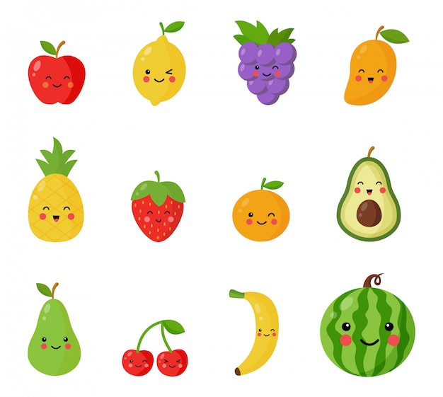 Set of cute and happy kawaii fruits and berries.