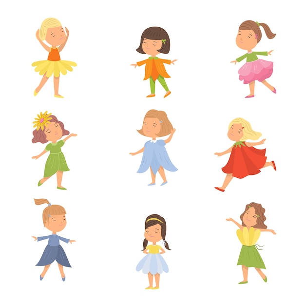 Set of cute happy kids girl in colorful flower clothes. Flat style.