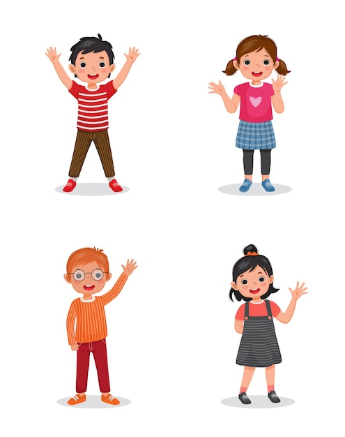 Vector set of cute happy kids waving hands and greeting