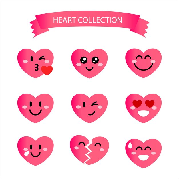 Set of Cute Heart shape emoji icon collection of heart emoticon vector