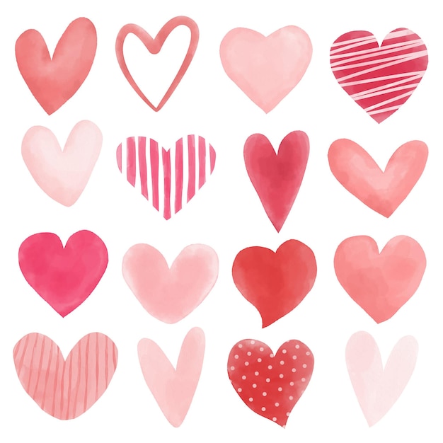 Vector set of cute hearts in watercolor style