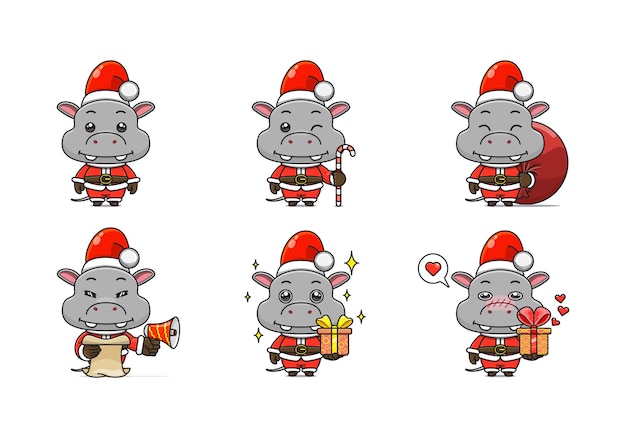 Vector set cute hippo in christmas costume cartoon animal in santa costume front view six poses