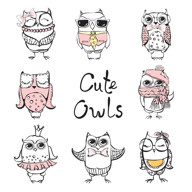 Vector set of cute hipster owls in simple design for kids greeting card