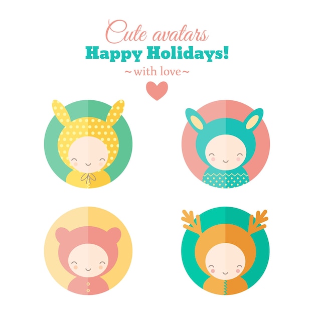 Set of cute holiday carnival avatars vector icons childish characters for web and mobile app design