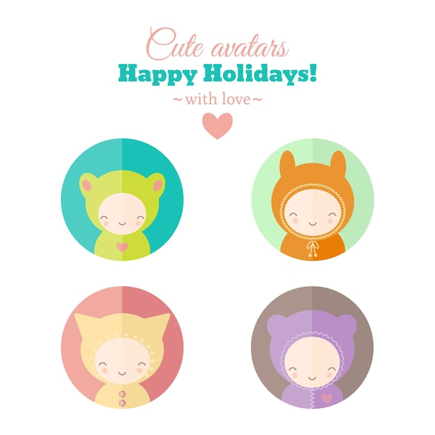 Set of cute holiday carnival avatars vector icons childish characters for web and mobile app design