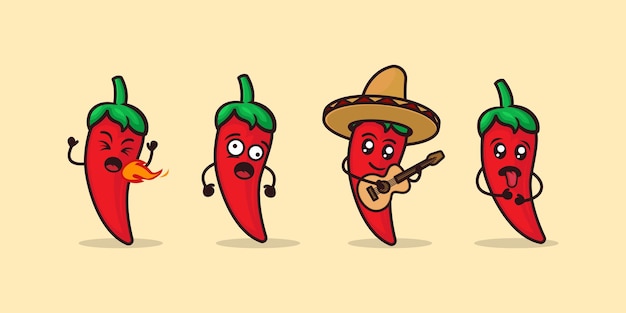 Set di simpatiche illustrazioni di design mascotte hot chili