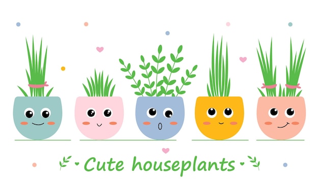 Vector set of cute houseplants in cartoon style with different fun emotions vector illustration