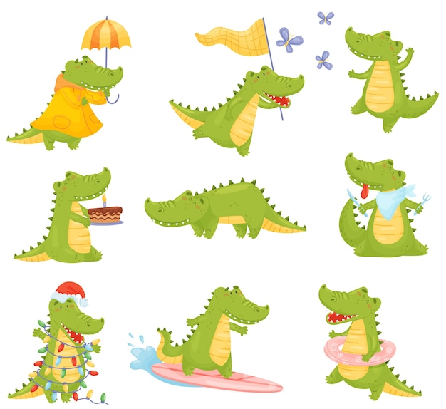 Set of cute humanized crocodiles eats