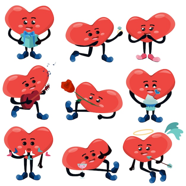 Set cute humanized hearts different actions couple illustration