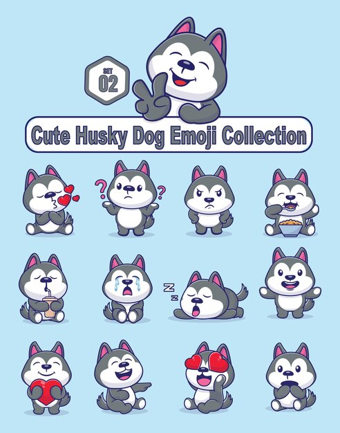 Set di simpatici personaggi di cani husky con diverse emoticon