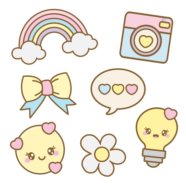 Set of cute icons drawn in kawaii style in vector