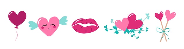 Set of cute icons and festive decoration for valentine day.