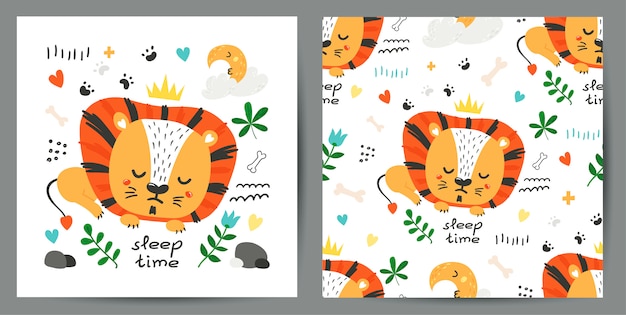 Set of cute illustration and seamless pattern with lions