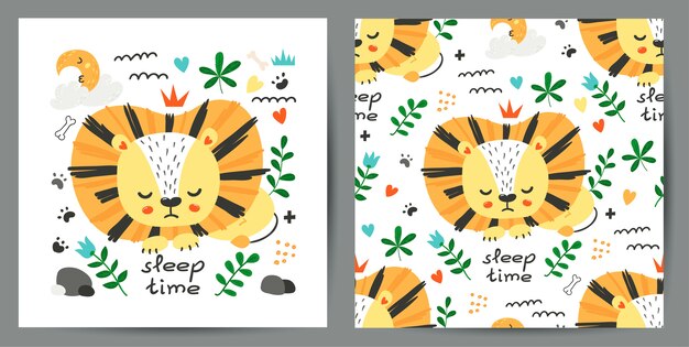かわいいイラストとライオンとのシームレスなパターンのセット