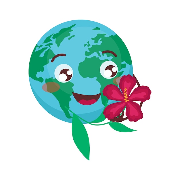 Set of cute illustrations with planet Earth. The earth admires a beautiful flower.