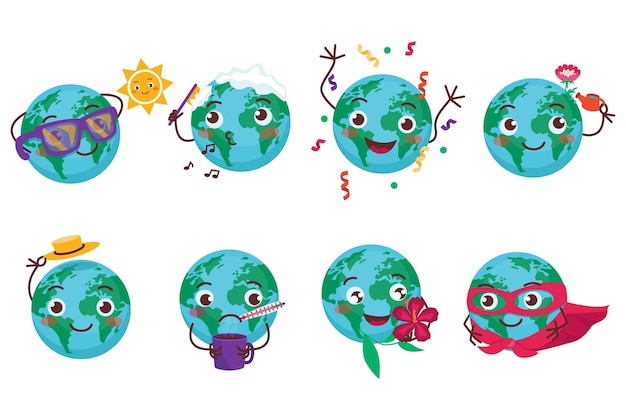 Serie di simpatiche illustrazioni con il pianeta terra. saluta, si ammala, annaffia un fiore, supereroe, ecc.