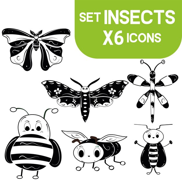 Set of cute insect sketch characters Vector illustration