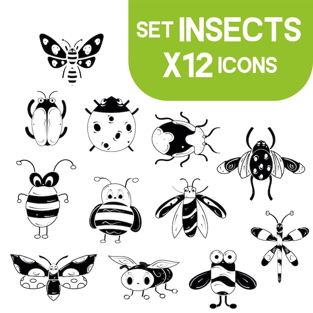 Set of cute insect sketch characters Vector illustration