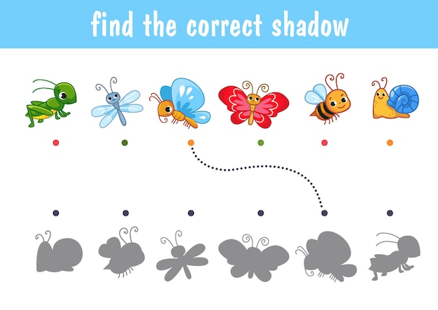 Set of cute insects bumblebee butterfly dragonfly bee snail find the correct shadow educational game