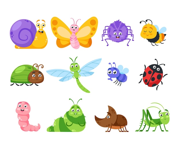 Set of cute insects cartoon characters isolated snail butterfly spider and bee bug dragonfly or fly with ladybug