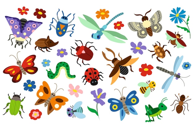 Vector set of cute insects stickers or icons with butterfly caterpillar ant ladybug beetle dragonfly and