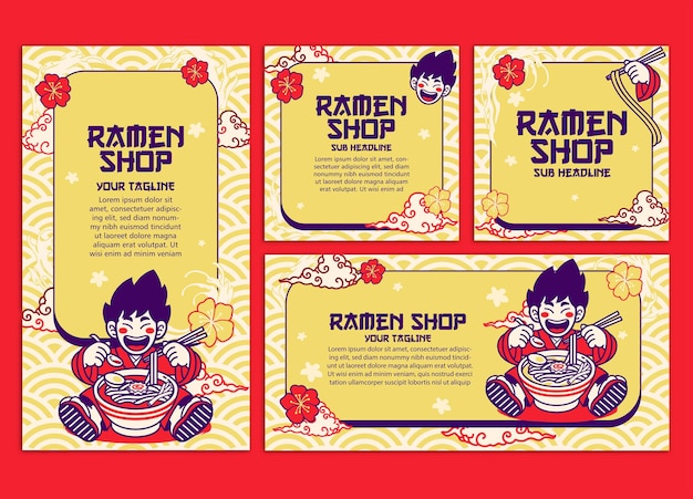 Vector set of cute japanese boy rating ramen banner vector illustration